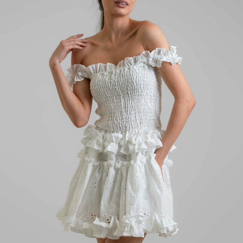 ZARA Embroidered Off Shoulder Smocked Ruffle Tiered Mini Dress